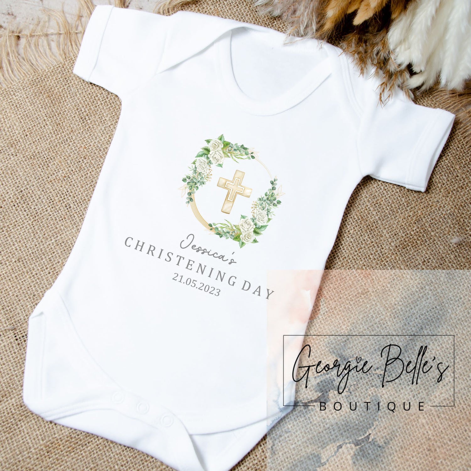 Personalised Christening Cream Floral Design Vest/Babygrow