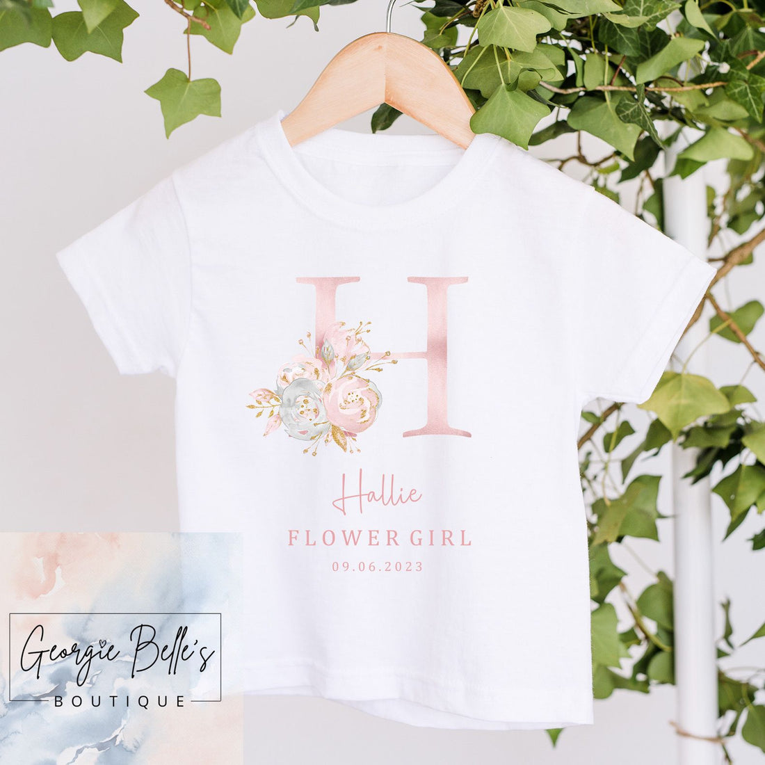 Flower Girl T-Shirt - Pink Floral Initial Design