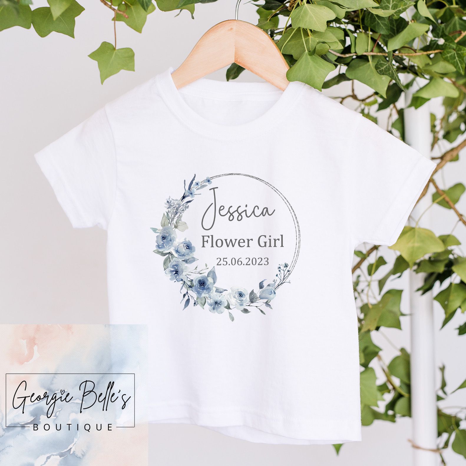 Flower Girl T-Shirt - Dusty Blue Wreath Design