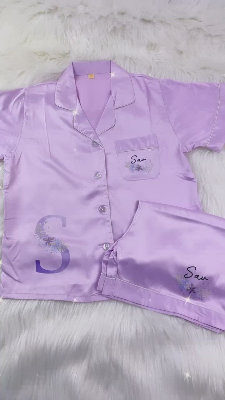 Lilac Luxury Personalised Satin Pyjamas- Floral Initial Design