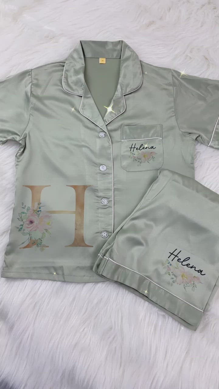 Sage Green Luxury Personalised Satin Pyjama’s- Initial Design