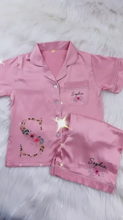 Rose Pink Luxury Personalised Satin Pyjamas- Leopard Initial Design