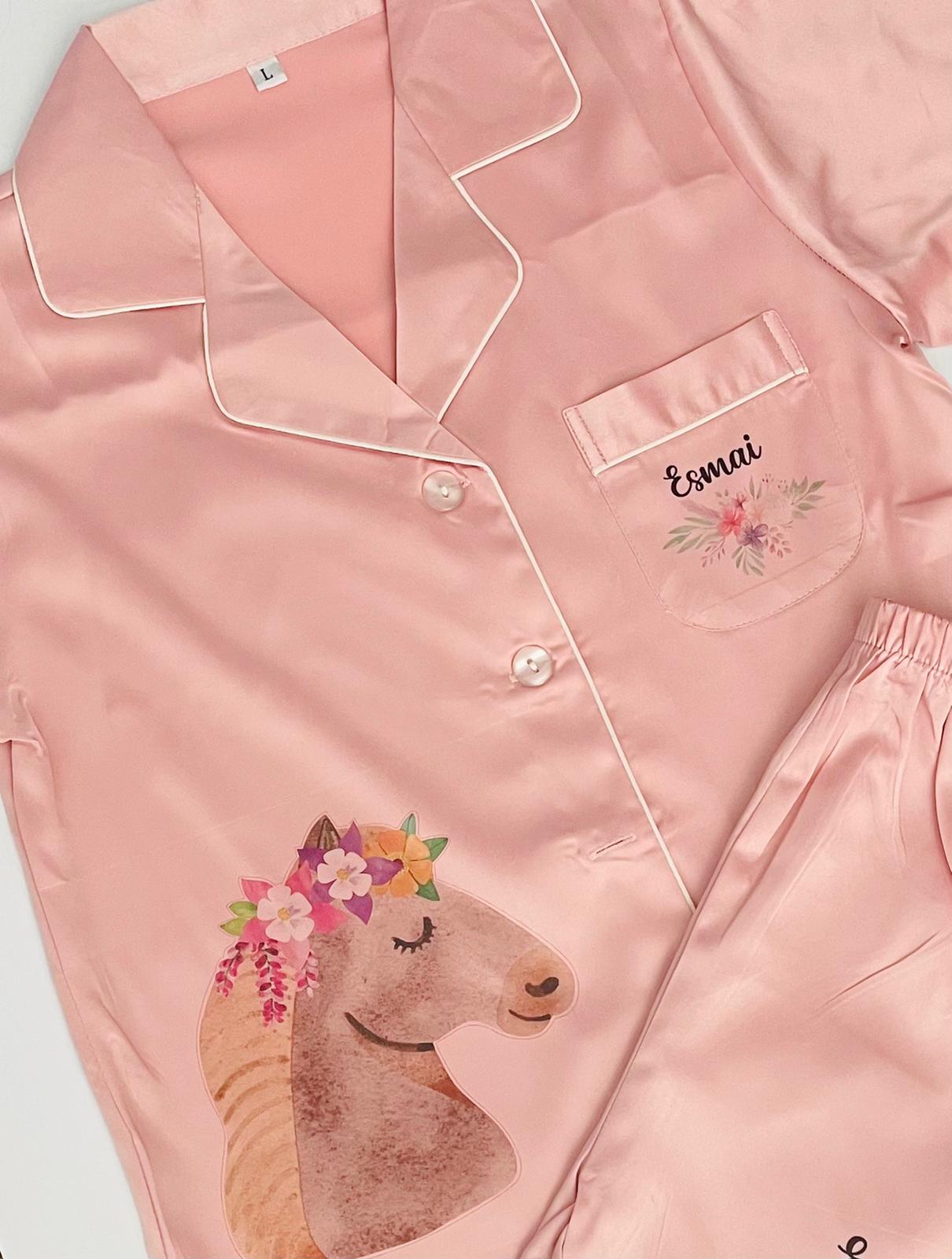 Pink Luxury Personalised Satin Pyjamas - Horse Design