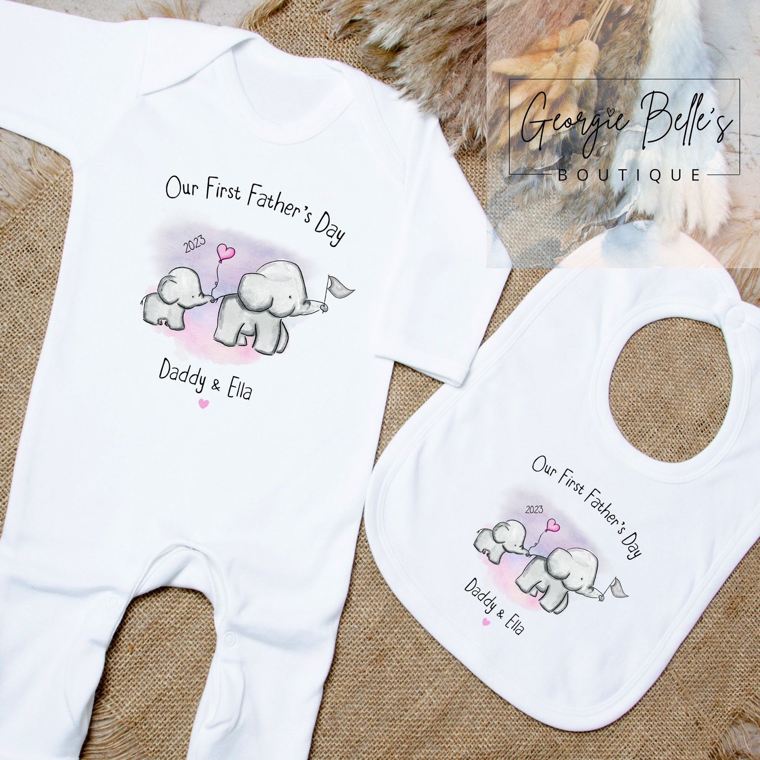 Fathers Day Personalised Babygrow- Pink Elephant Design