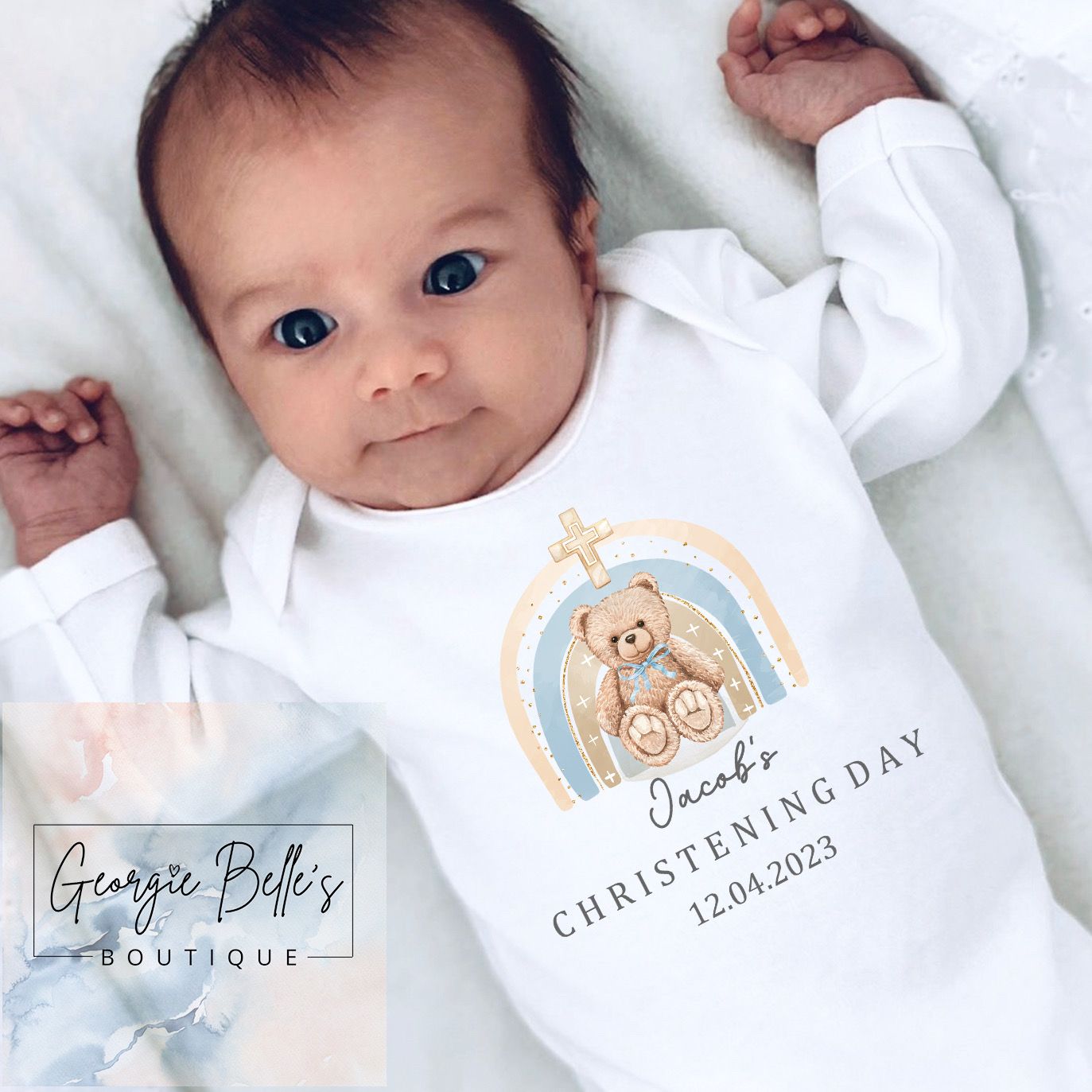 Personalised Christening Rainbow Bear Design Babygrow