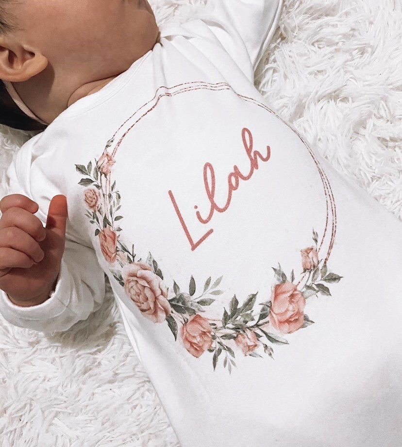 Pink Floral Wreath Personalised Vest / Babygrow / Sleepsuit