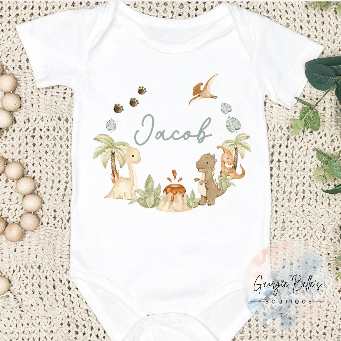 Boys Personalised Dinosaur Wreath Vest / Babygrow / Sleepsuit