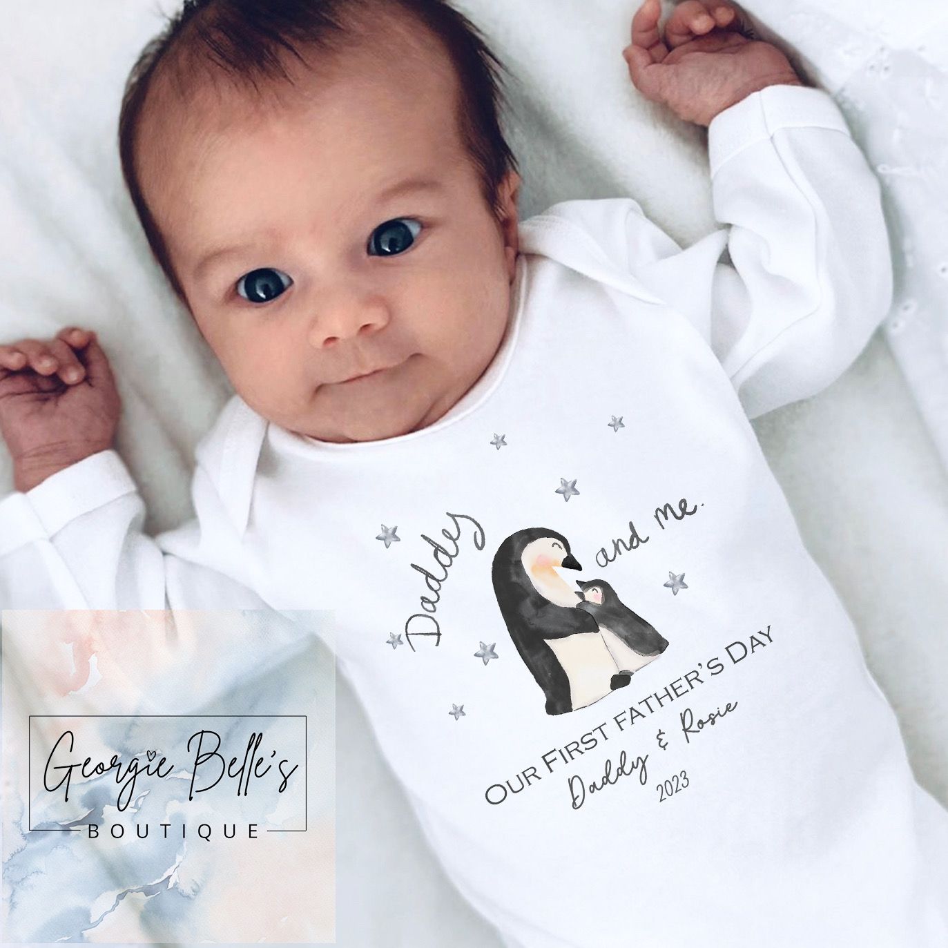 Fathers Day Personalised Babygrow- Penguin Design