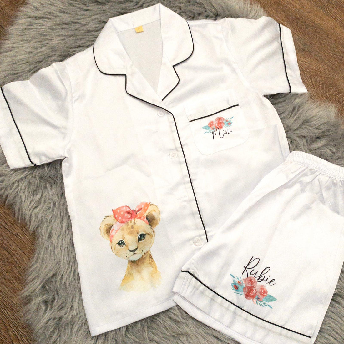 White Luxury Personalised Satin Pyjamas- Animal Design