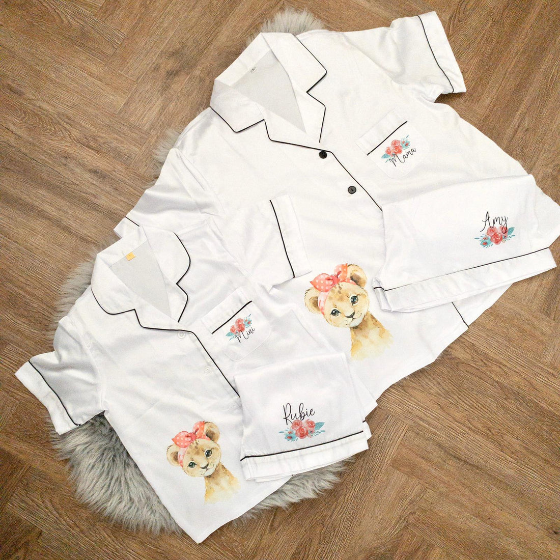 Matching Adult White Luxury Personalised Satin Pyjamas- Animal Design