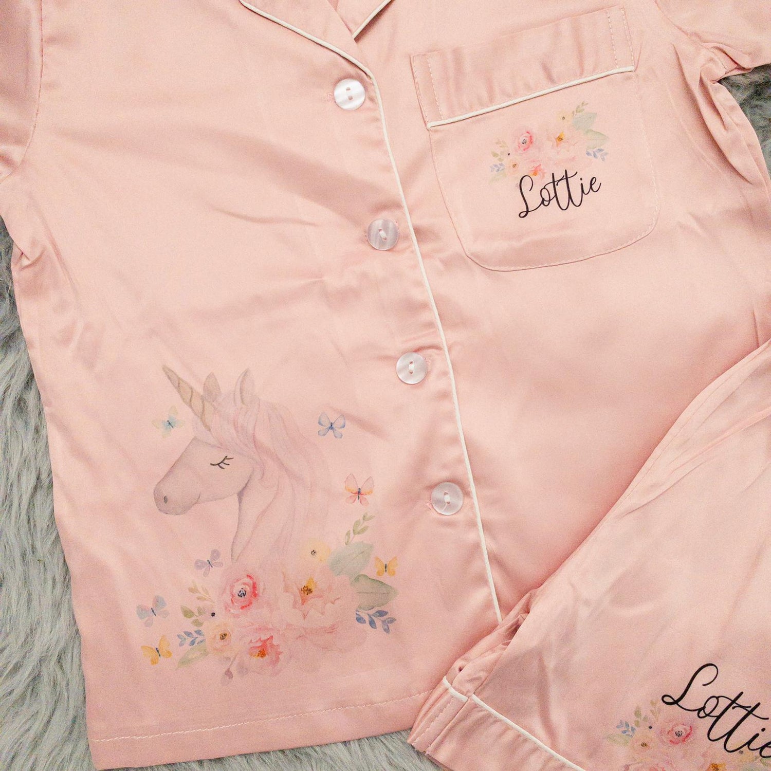 Pink Luxury Personalised Satin Pyjamas - Unicorn Design