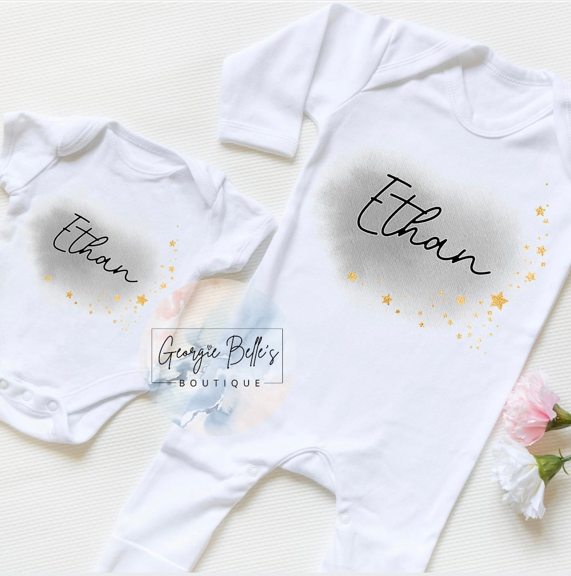 Grey Watercolour Star Personalised Vest / Babygrow / Sleepsuit