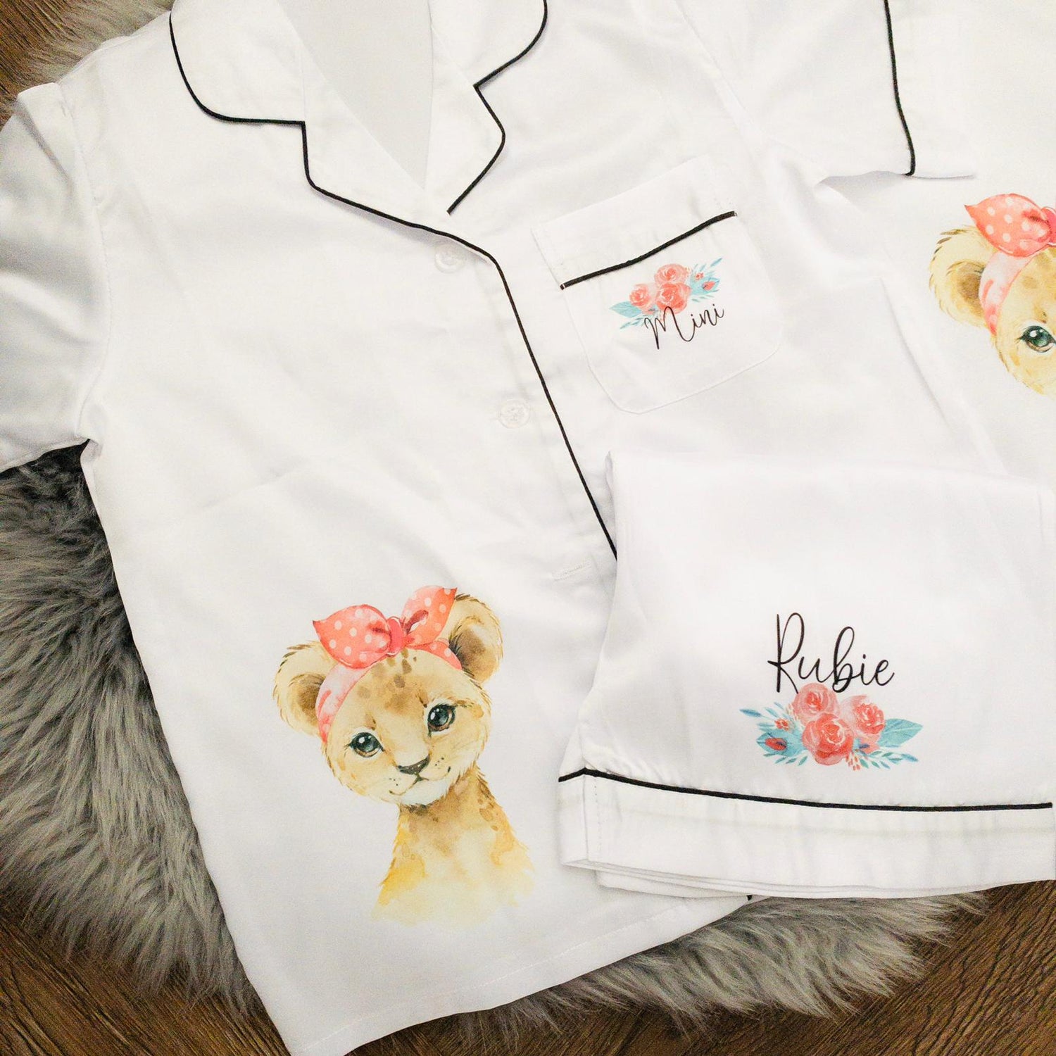 White Luxury Personalised Satin Pyjamas- Animal Design