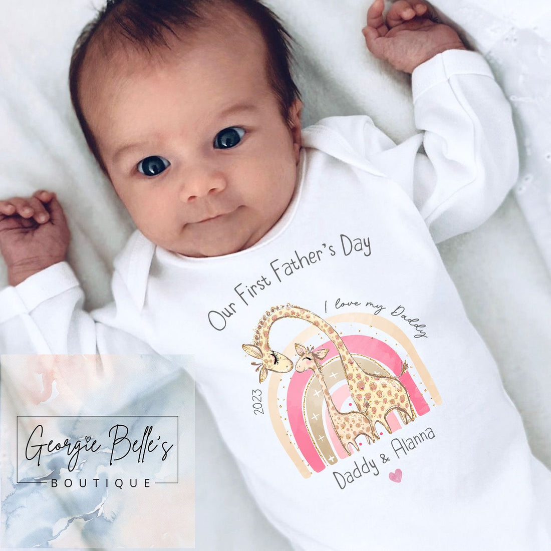 Fathers Day Personalised Babygrow- Pink Giraffe Design