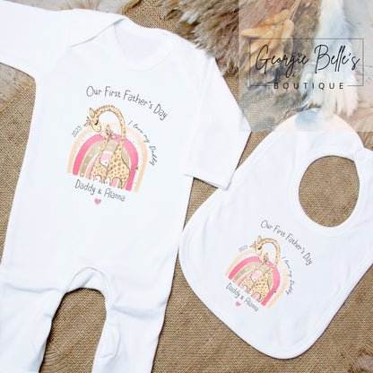 Fathers Day Personalised Babygrow- Pink Giraffe Design