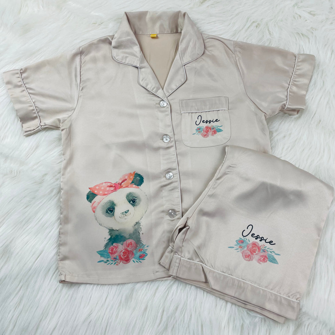 Champagne Luxury Personalised Satin Pyjama’s - Animal Design