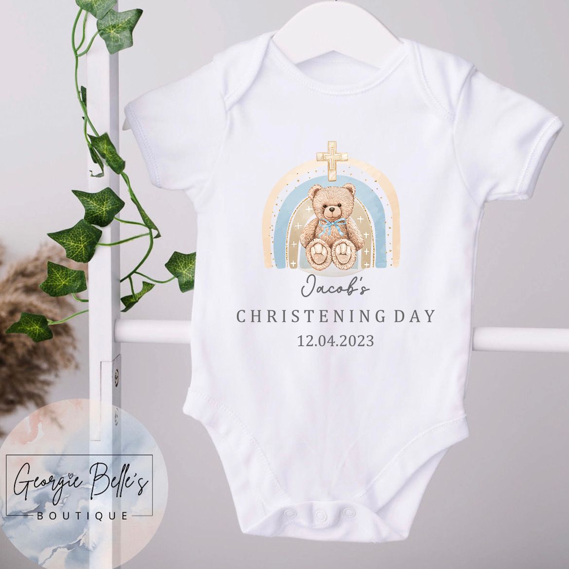 Personalised Christening Rainbow Bear Design Babygrow