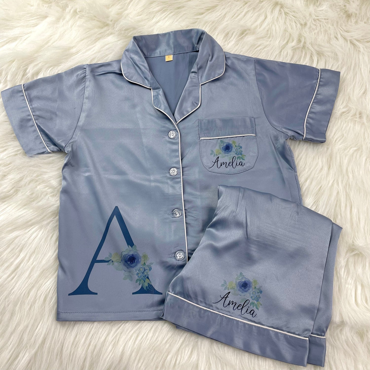 Dusky Blue Luxury Personalised Satin Pyjamas- Floral Initial Design