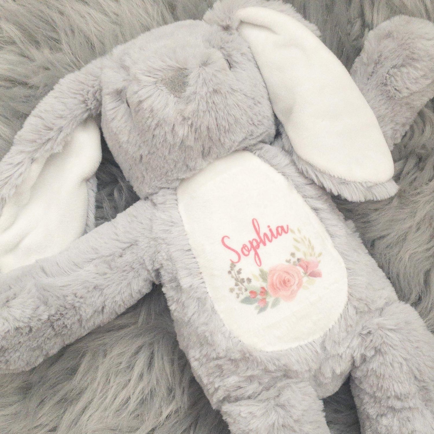 Floral Design Personalised Grey Bunny Soft Toys