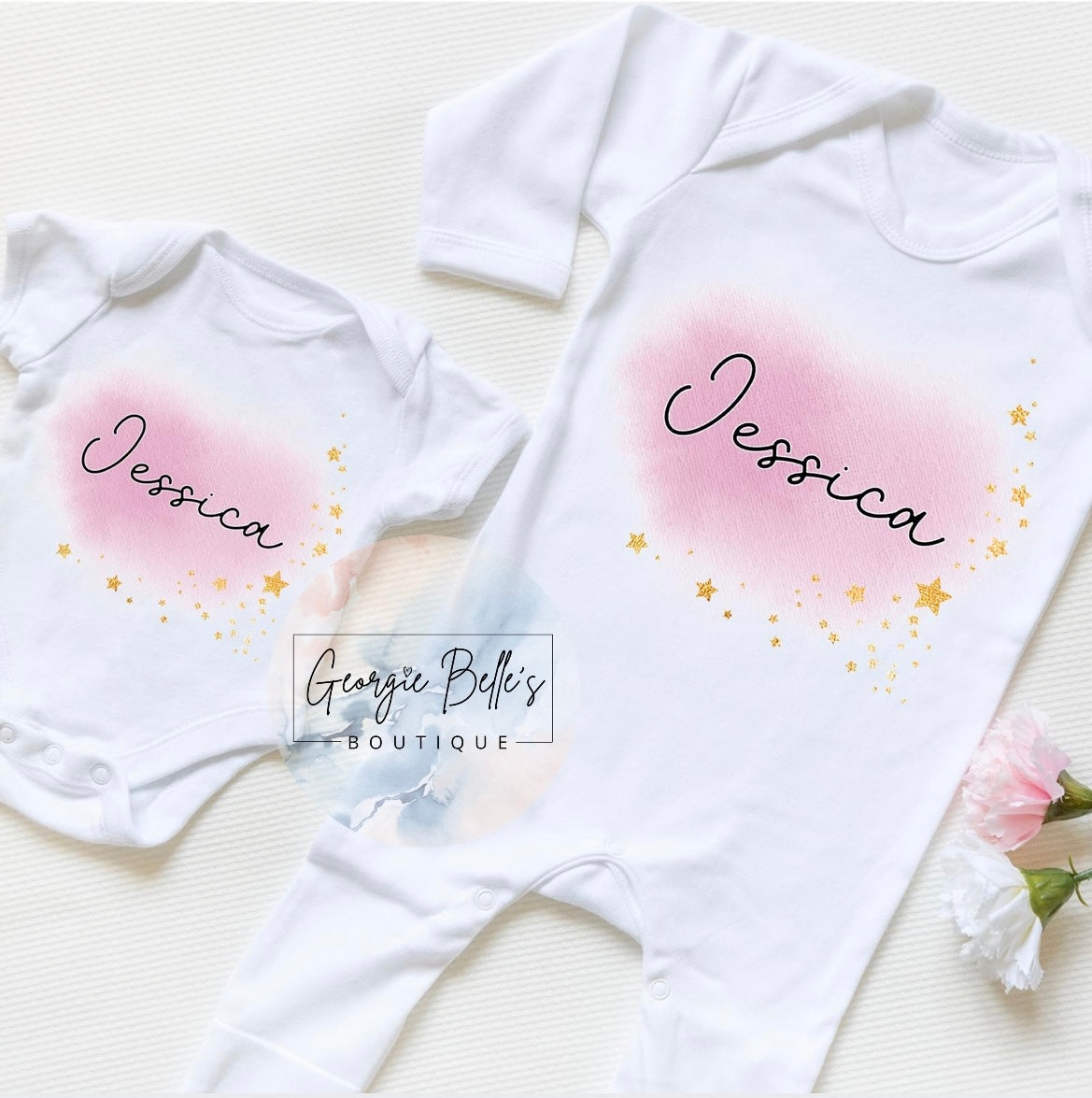 Pink Watercolour Star Personalised Vest / Babygrow / Sleepsuit