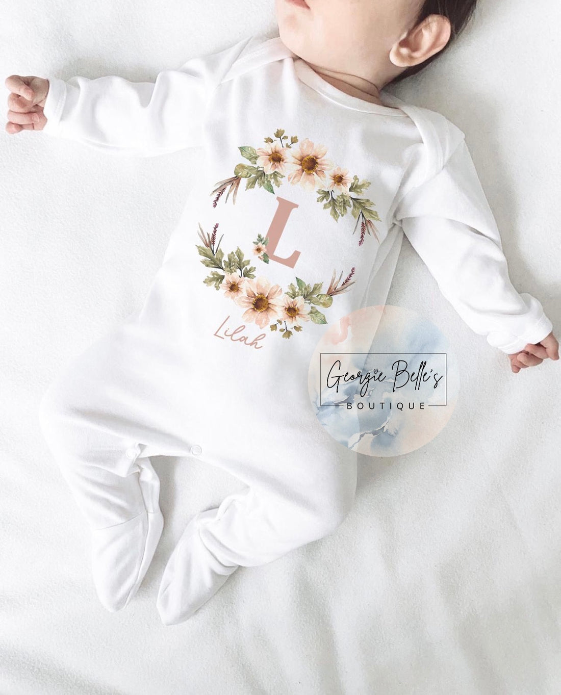 Floral Initial Personalised Vest / Babygrow / Sleepsuit