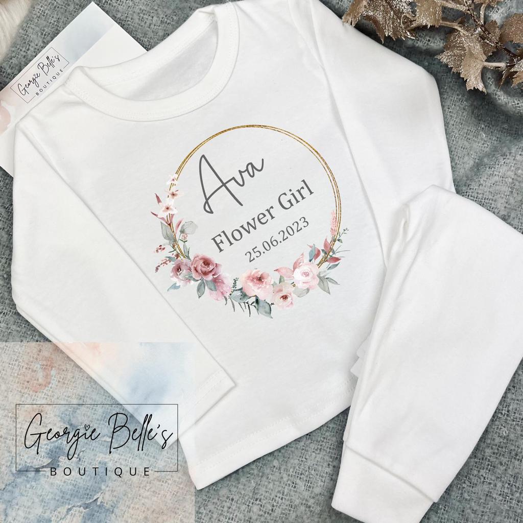 Personalised Flower Girl Pyjamas- Dusky Pink Wreath Design