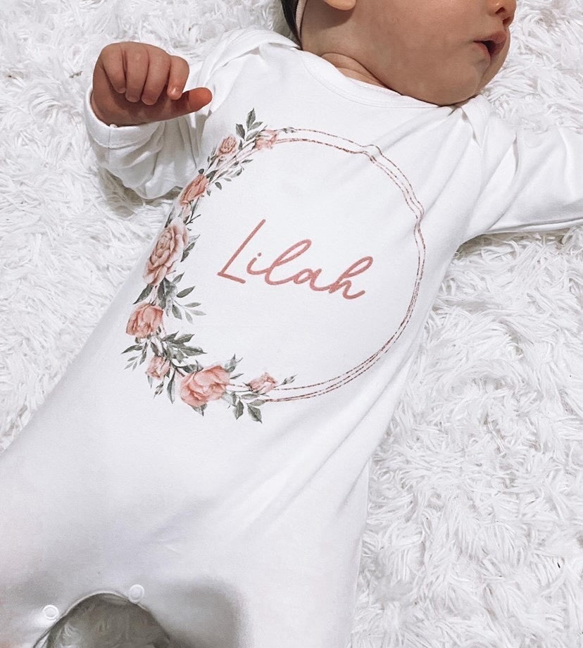 Pink Floral Wreath Personalised Vest / Babygrow / Sleepsuit