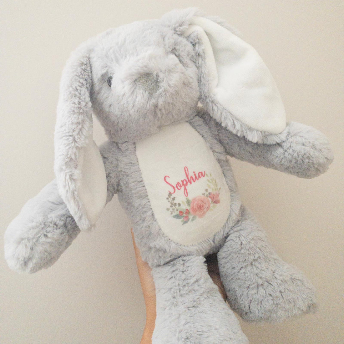 Floral Design Personalised Grey Bunny Soft Toys