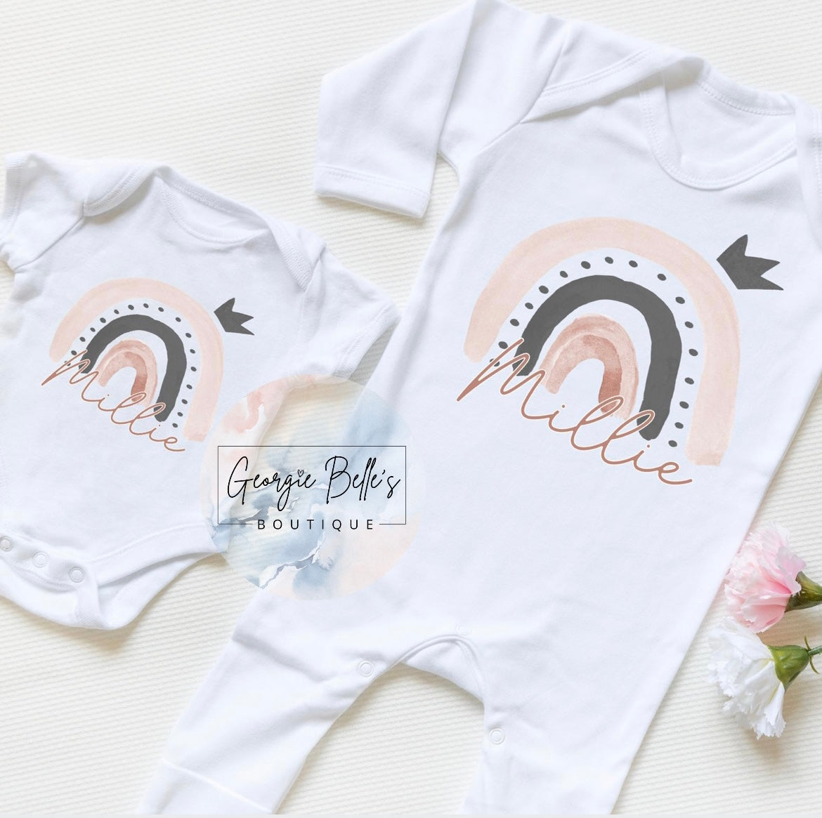 Pink/ Grey Rainbow Personalised Vest / Babygrow / Sleepsuit