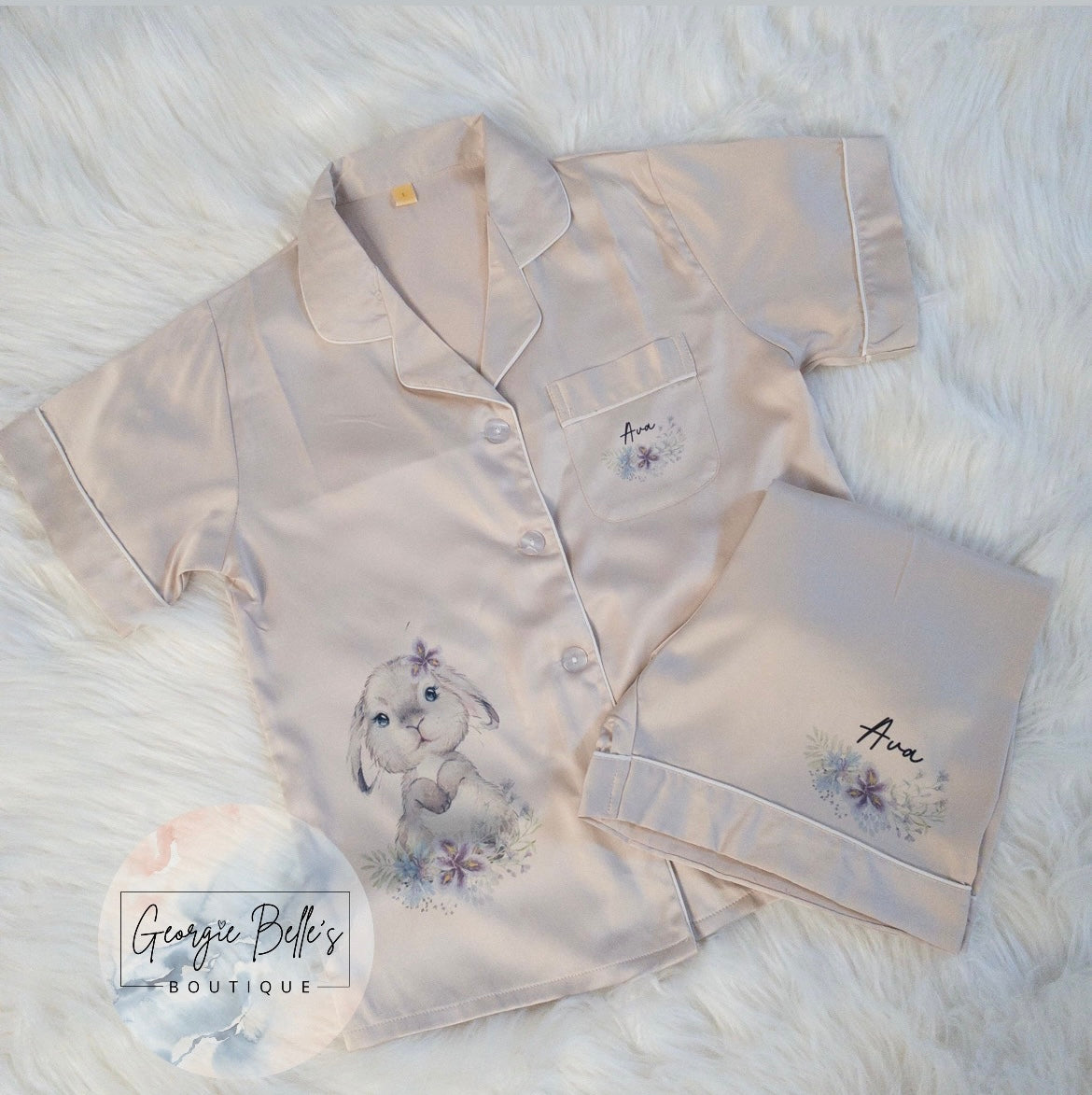 Bunny Champagne Luxury Personalised Satin Pyjamas